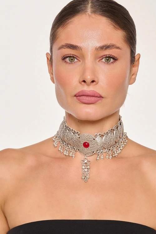 Kiraz Burgundy Stoned Silver Plated Necklace