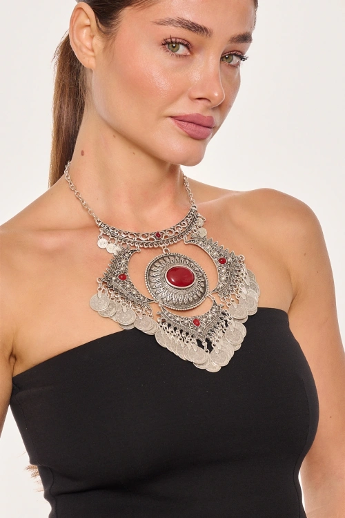 Kiraz Burgundy Stoned Silver Plated Necklace