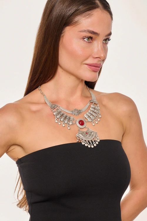 Kiraz Burgundy Stoned Silver Plated Necklace