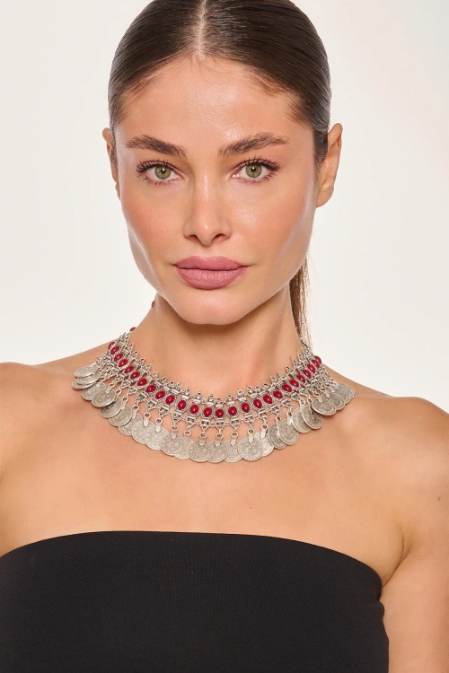 Kiraz Burgundy Stoned Silver Plated Necklace