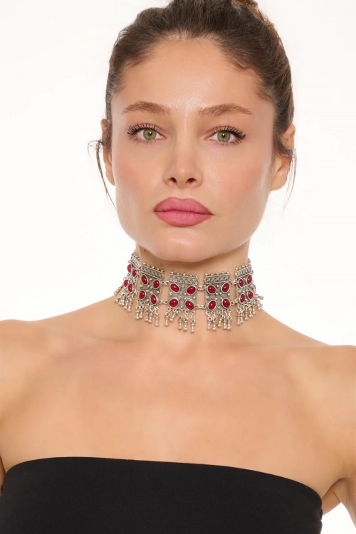Kiraz Burgundy Stoned Silver Plated Necklace