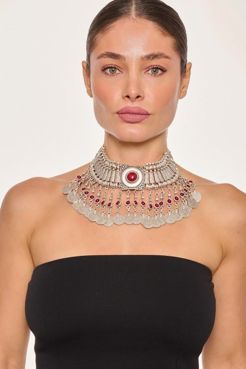 Kiraz Burgundy Stoned Silver Plated Cleopatra Necklace