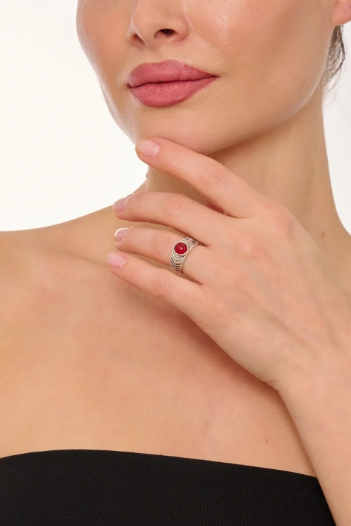 Kiraz Burgundy Stoned Silver Plated Ring