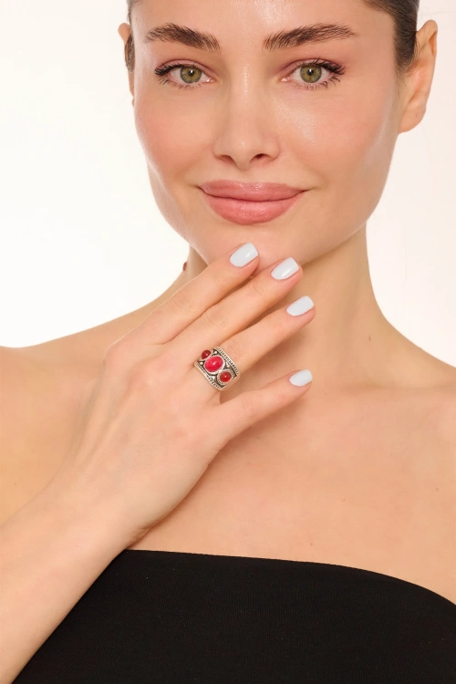 Kiraz Burgundy Stoned Silver Plated Ring