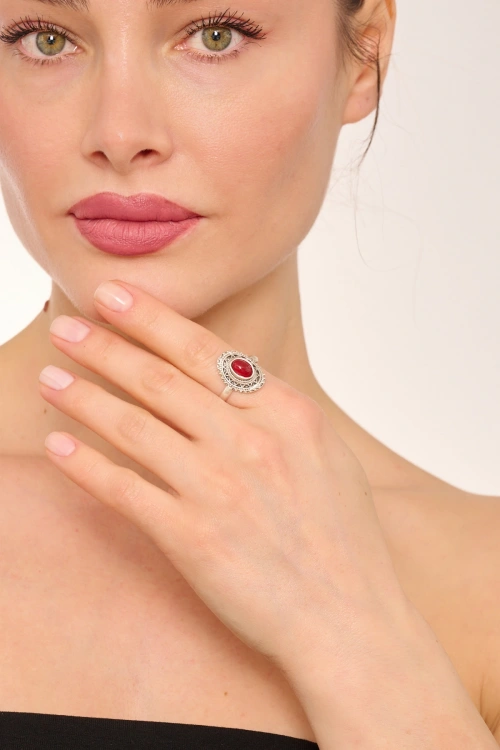Kiraz Burgundy Stoned Silver Plated Ring