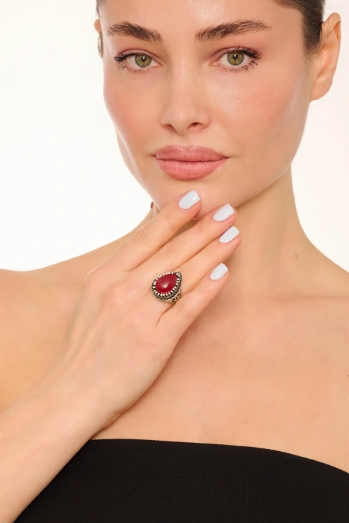Kiraz Burgundy Stoned Silver Plated Ring