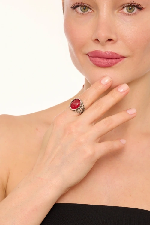 Kiraz Burgundy Stoned Silver Plated Ring