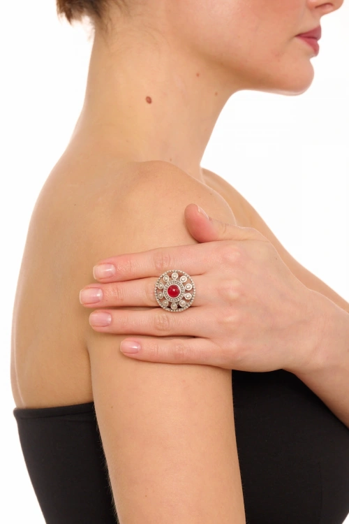 Kiraz Burgundy Stoned Silver Plated Ring