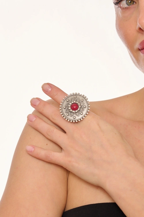 Kiraz Burgundy Stoned Silver Plated Ring