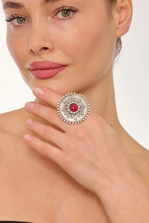 Kiraz Burgundy Stoned Silver Plated Ring