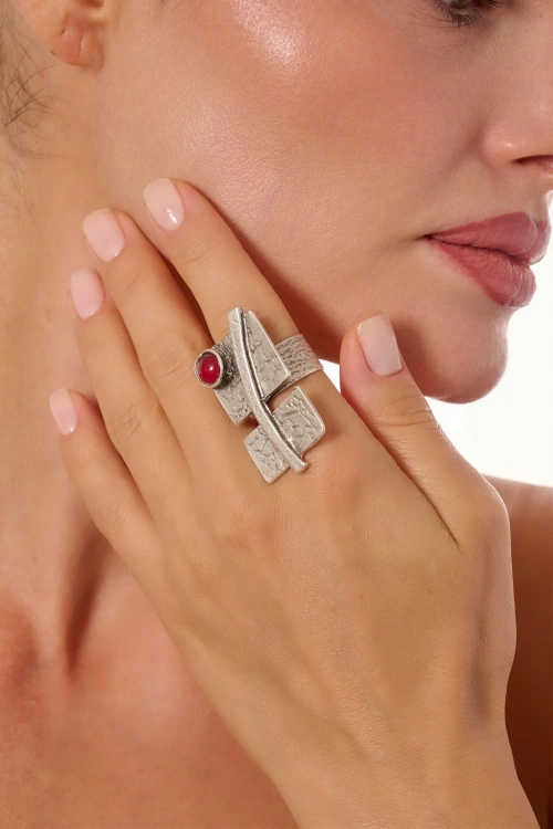 Kiraz Burgundy Stoned Silver Plated Ring