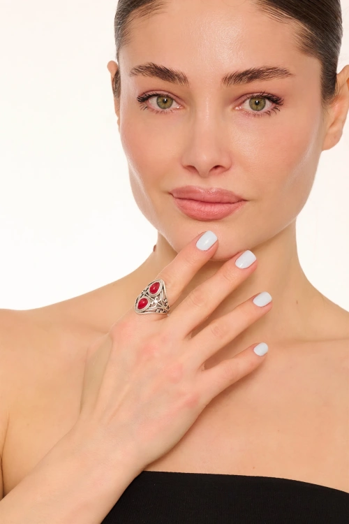 Kiraz Burgundy Stoned Silver Plated Ring