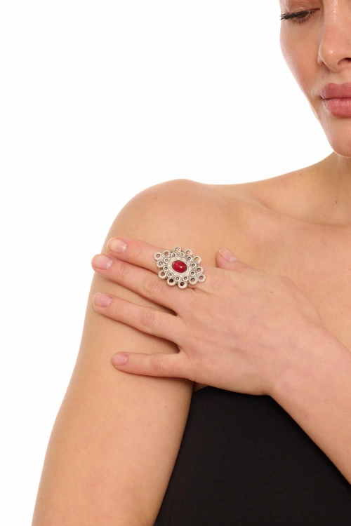 Kiraz Burgundy Stoned Silver Plated Ring