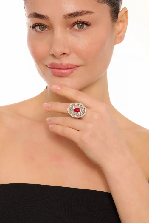Kiraz Burgundy Stoned Silver Plated Ring