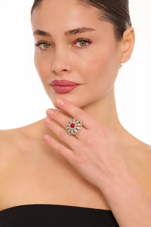Kiraz Burgundy Stoned Silver Plated Ring