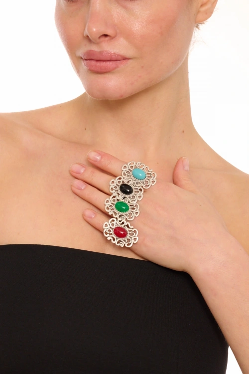 Kiraz Burgundy Stoned Silver Plated Ring