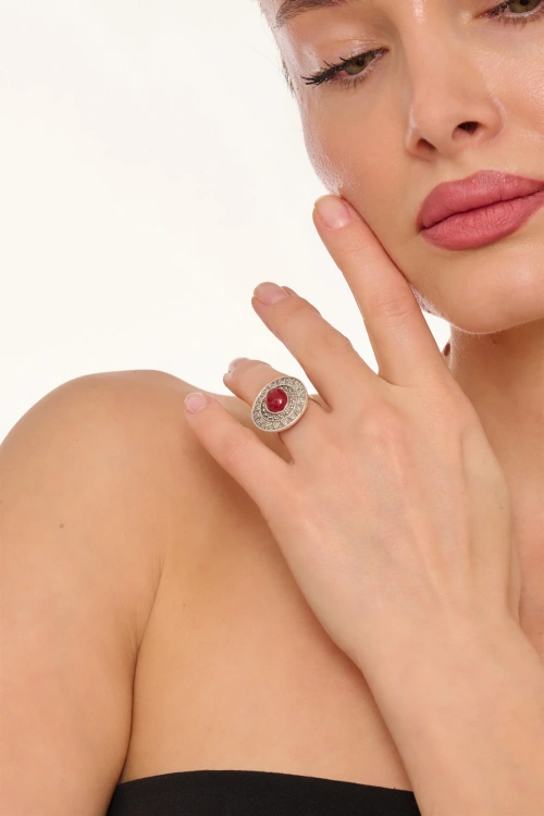 Kiraz Burgundy Stoned Silver Plated Ring
