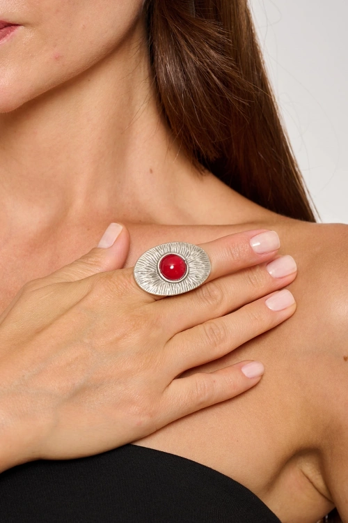 Kiraz Burgundy Stoned Silver Plated Ring