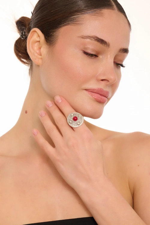 Kiraz Burgundy Stoned Silver Plated Ring