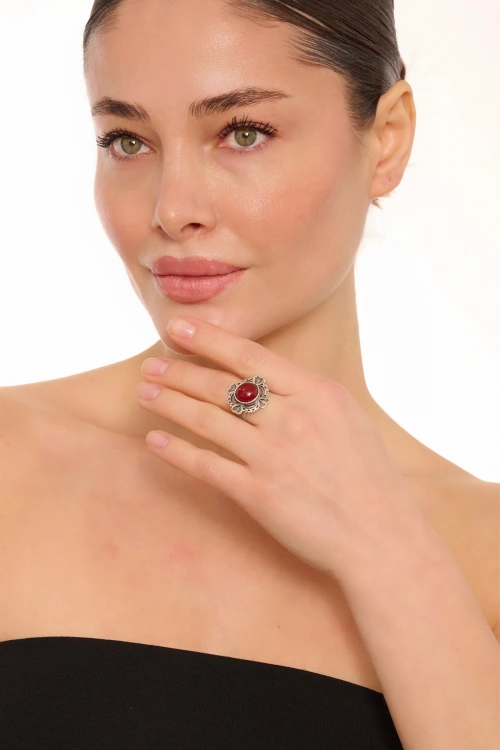 Kiraz Burgundy Stoned Silver Plated Ring
