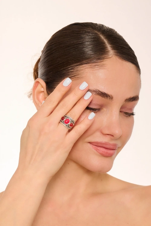 Kiraz Burgundy Stoned Silver Plated Ring