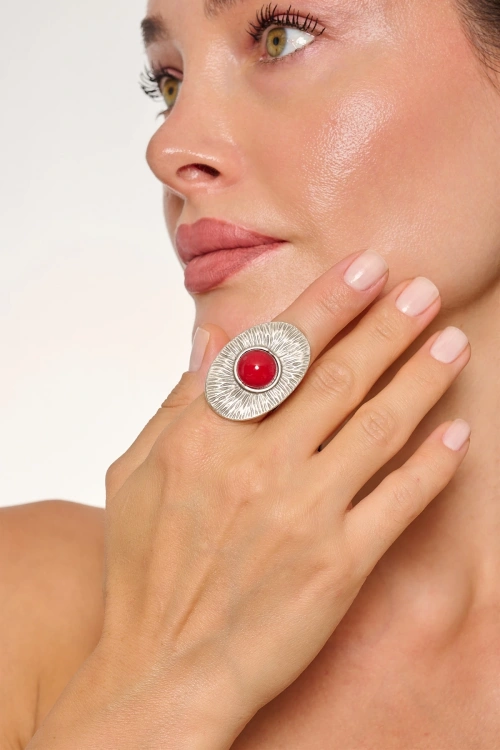 Kiraz Burgundy Stoned Silver Plated Ring