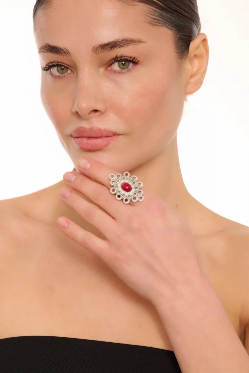Kiraz Burgundy Stoned Silver Plated Ring