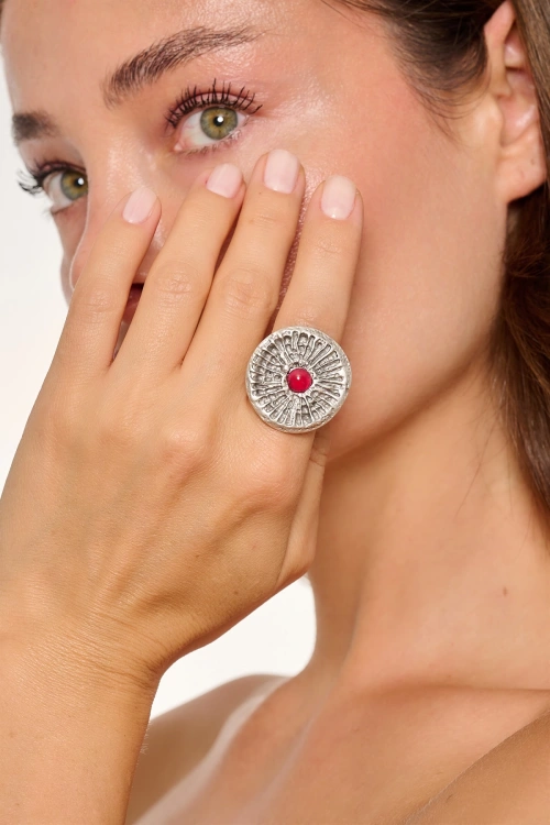 Kiraz Burgundy Stoned Silver Plated Ring