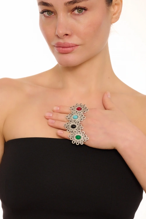 Kiraz Burgundy Stoned Silver Plated Ring