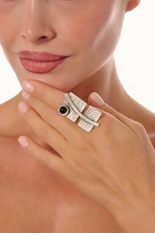Kiraz Black Stoned Silver Plated Ring