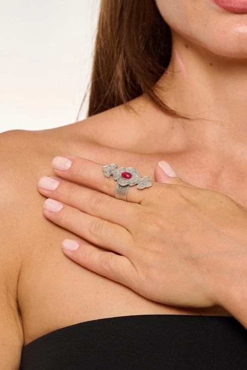 Kiraz Burgundy Stoned Silver Plated Ring