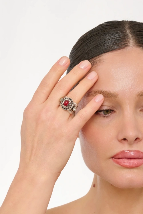 Kiraz Burgundy Stoned Silver Plated Ring