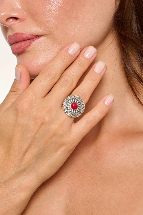 Kiraz Burgundy Stoned Silver Plated Ring