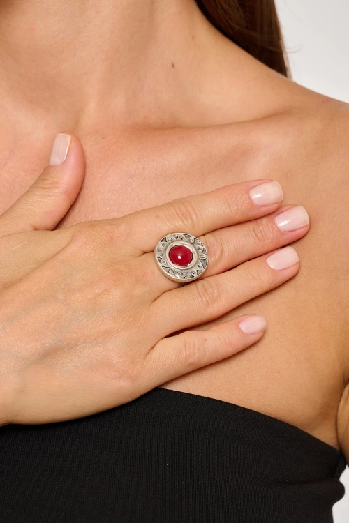 Kiraz Burgundy Stoned Silver Plated Ring