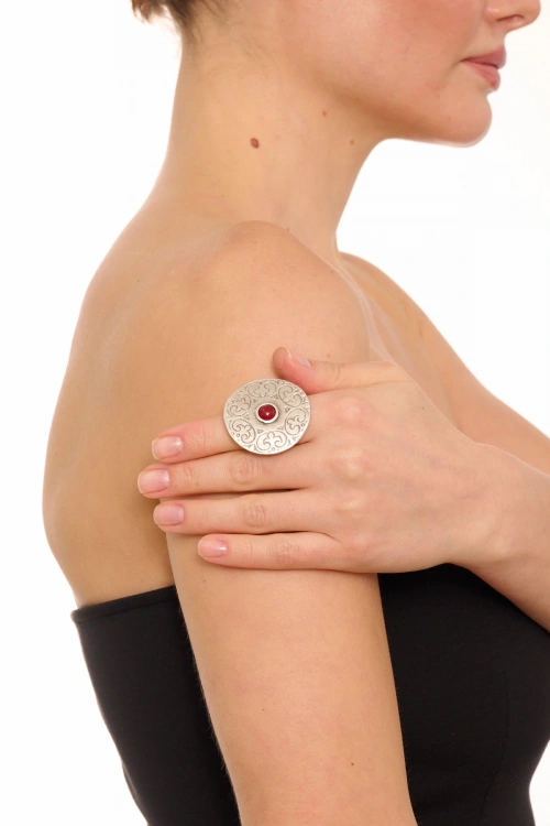 Kiraz Burgundy Stoned Silver Plated Ring