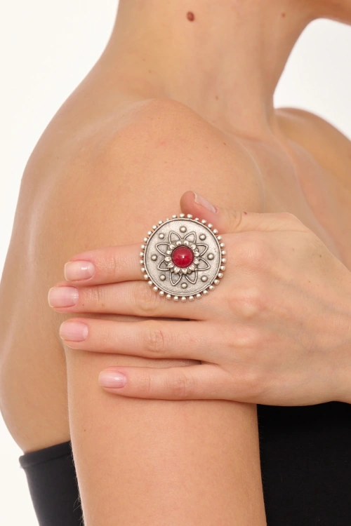 Kiraz Burgundy Stoned Silver Plated Ring