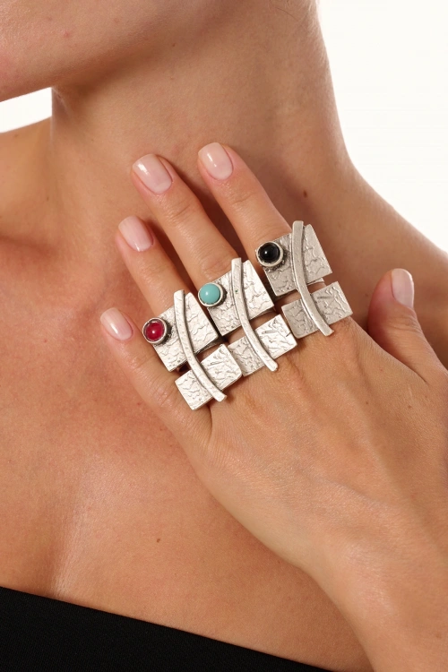 Kiraz Black Stoned Silver Plated Ring