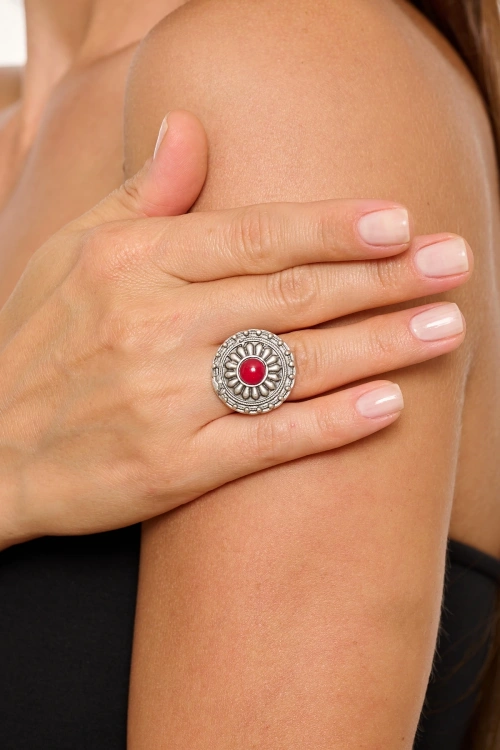 Kiraz Burgundy Stoned Silver Plated Ring