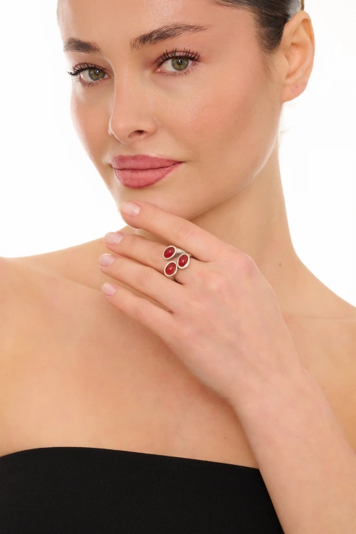 Kiraz Burgundy Stoned Silver Plated Ring