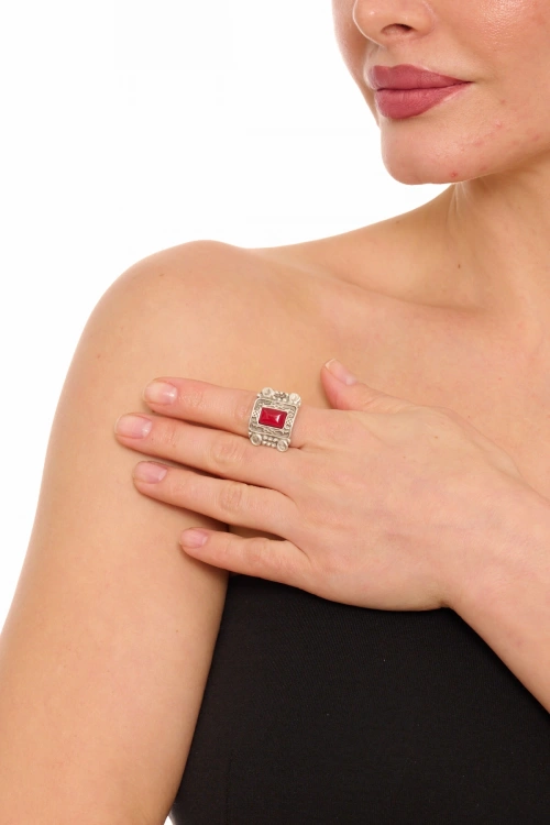 Kiraz Burgundy Stoned Silver Plated Ring