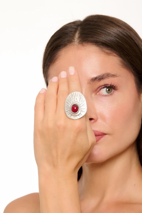 Kiraz Burgundy Stoned Silver Plated Ring