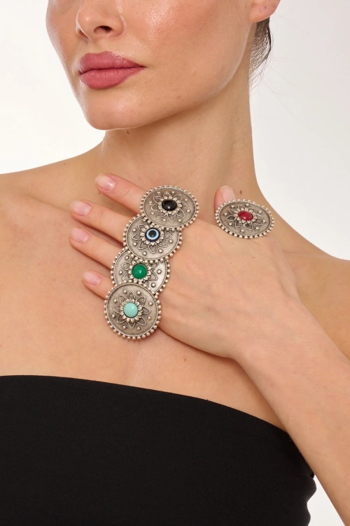 Kiraz Burgundy Stoned Silver Plated Ring