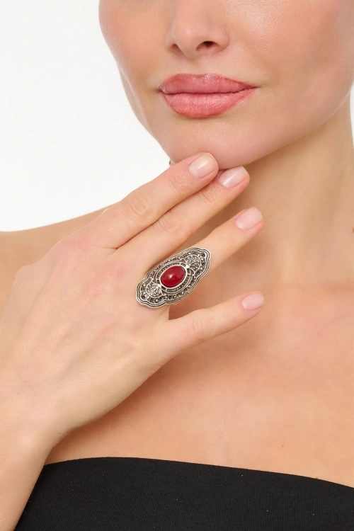 Kiraz Burgundy Stoned Silver Plated Ring