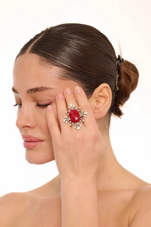 Kiraz Burgundy Stoned Silver Plated Ring