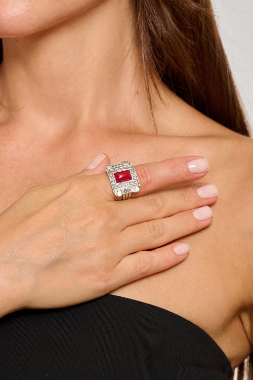 Kiraz Burgundy Stoned Silver Plated Ring