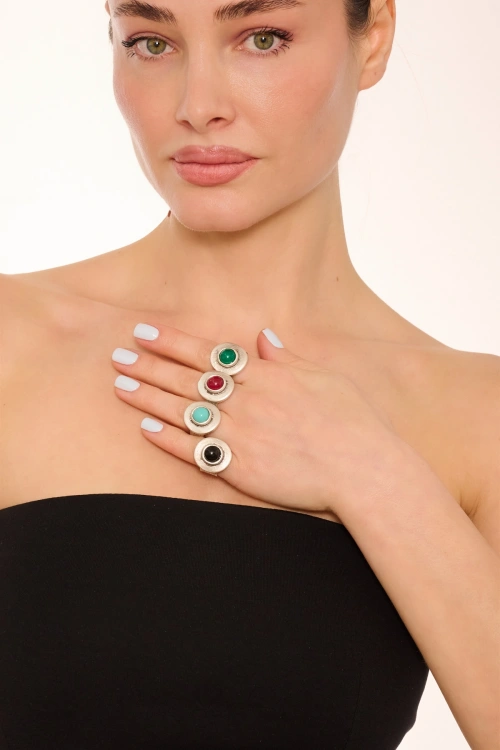 Kiraz Burgundy Stoned Silver Plated Ring