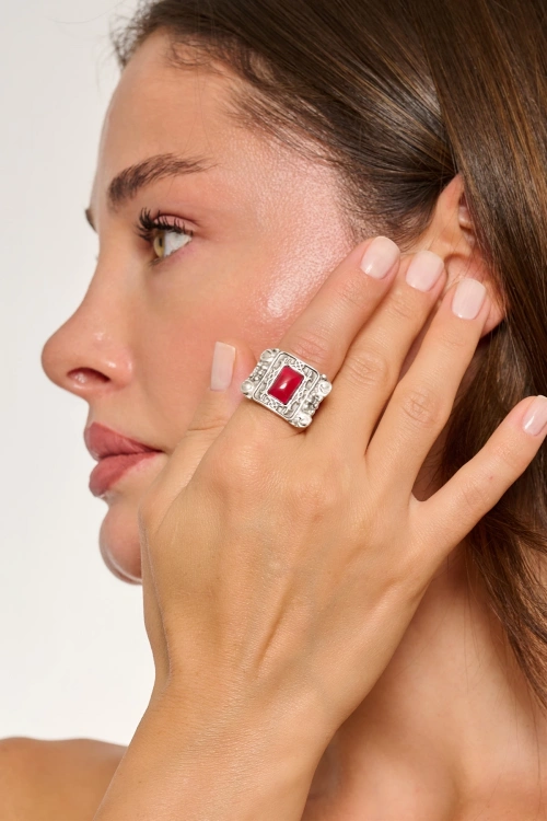 Kiraz Burgundy Stoned Silver Plated Ring