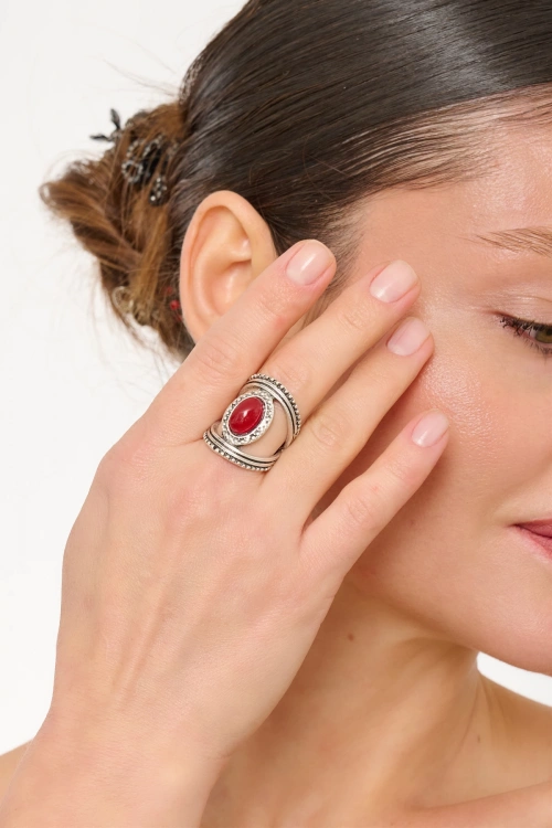 Kiraz Burgundy Stoned Silver Plated Ring