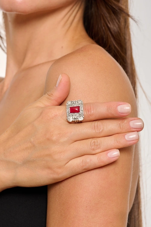 Kiraz Burgundy Stoned Silver Plated Ring