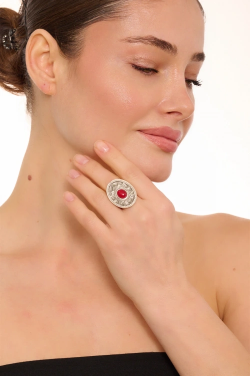 Kiraz Burgundy Stoned Silver Plated Ring